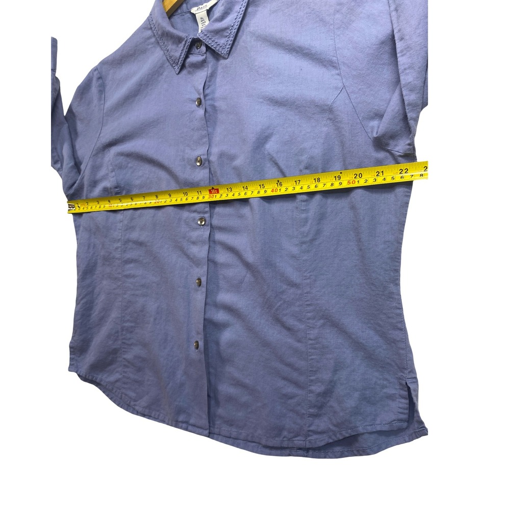 Bass Womens XL Blue Linen Cotton 3/4 Sleeve Button Down Shirt Embroidered Collar - Picture 9 of 10